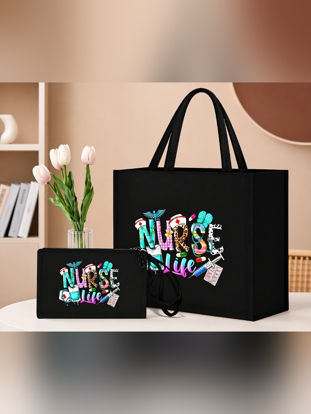 Nurse Life Black Tote Bag Set 2pc With Pouch NWOT
